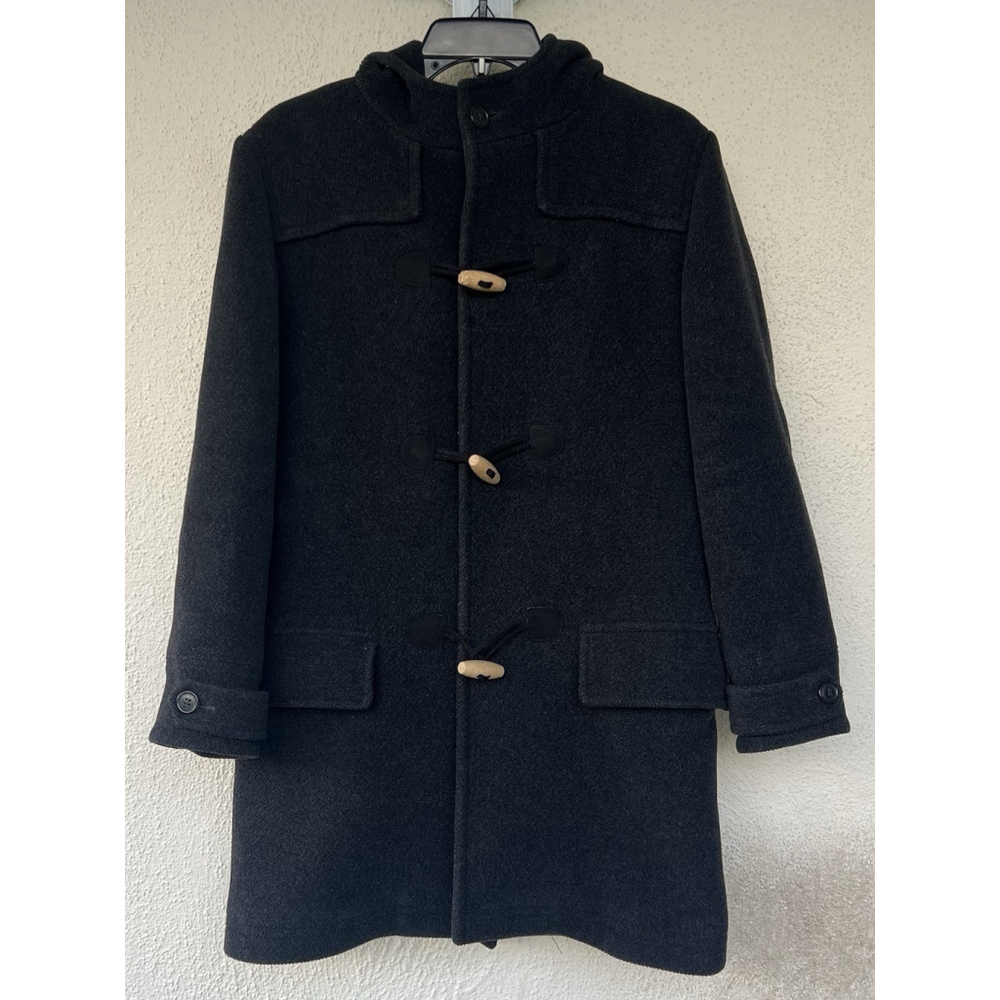 A.P.C. Black Wool Blend Hooded Duffle Coat Toggle Closure XS Classic Warm Heavy